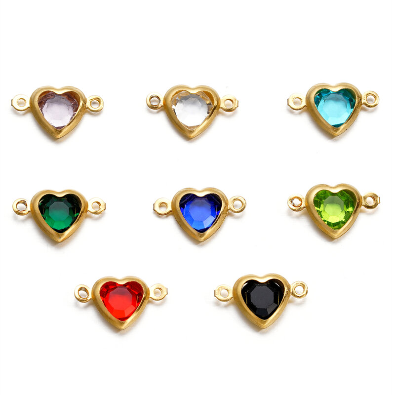 Coração em forma de cristal strass pulseira conectores, aço inoxidável, furos duplos, pingentes colar, fazer jóias DIY, 10pcs