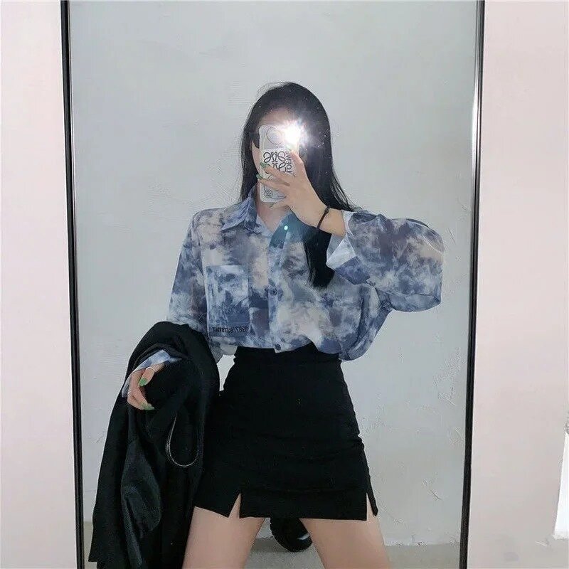Thin Shirts for Women Spring Summer Tops Long Sleeve Sheer Tie Dye Design Single Breasted Fashion Loose Casual College Young