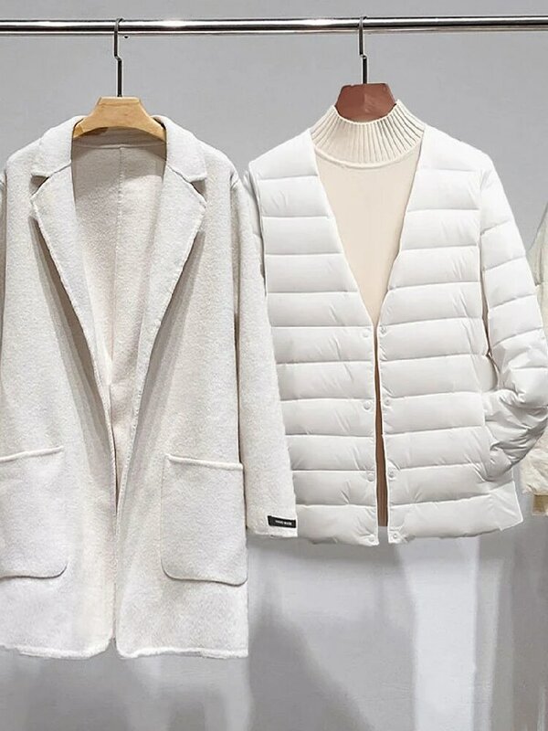 Doudoune légère en duvet de canard blanc pour femme, manteau avec base, col rond, col en V, simple, à la mode, 2023