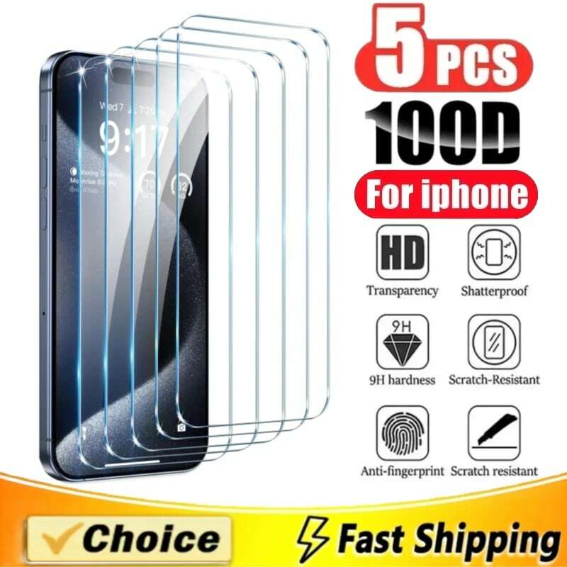 5pcs Tempered Glass For iPhone 15 Pro Max Screen Protector For iphone 14 13 12 11 7 8 Plus X XR XS Max Mini Protective Glass