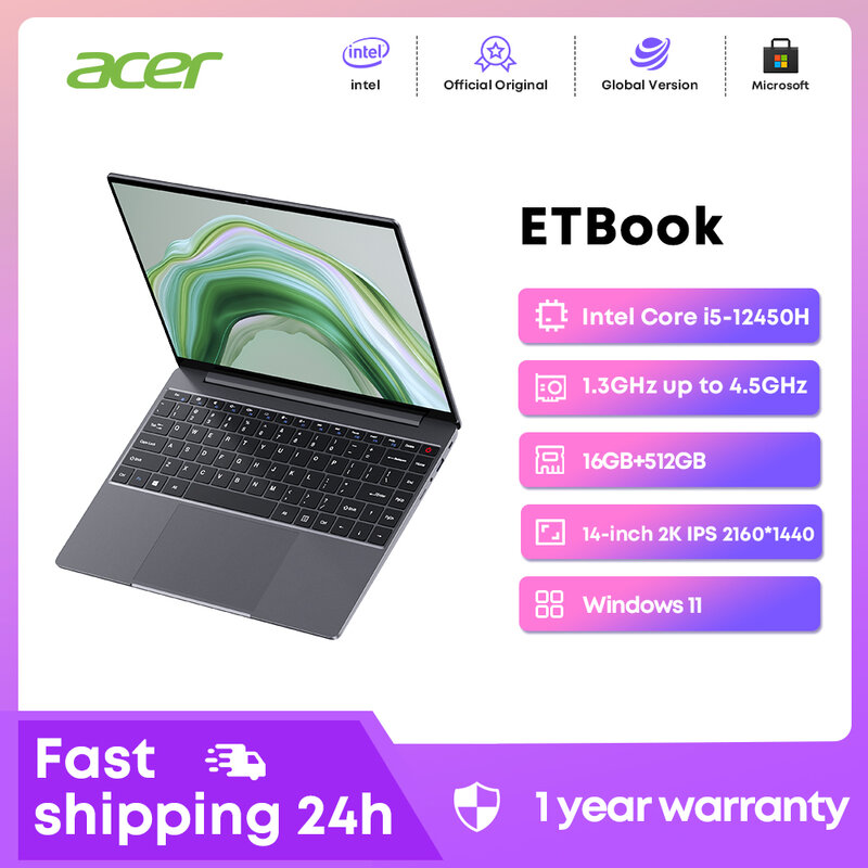 ACER ETBook Laptop 14" 16GB LPDDR4 512GB SSD intel i5-12450H Graphics for 12th Gen Computer 2160*1440P Notebook Windows 11 WiFi6