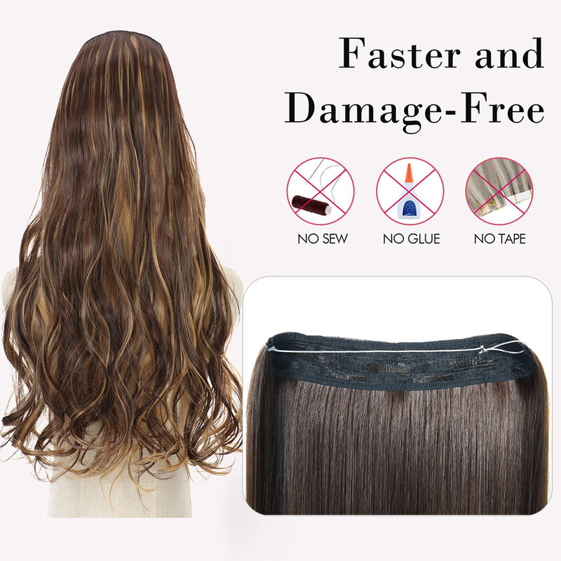 Synthetic No Clip Wavy Hair Extensions Artifical Natural Brown Blonde Invisible Line Long Hairpiece Black  Mixed Color For Women