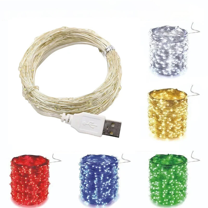 Cadena de luces de alambre de cobre alimentada por USB, luces de hadas impermeables para decoración de festivales, decoración navideña