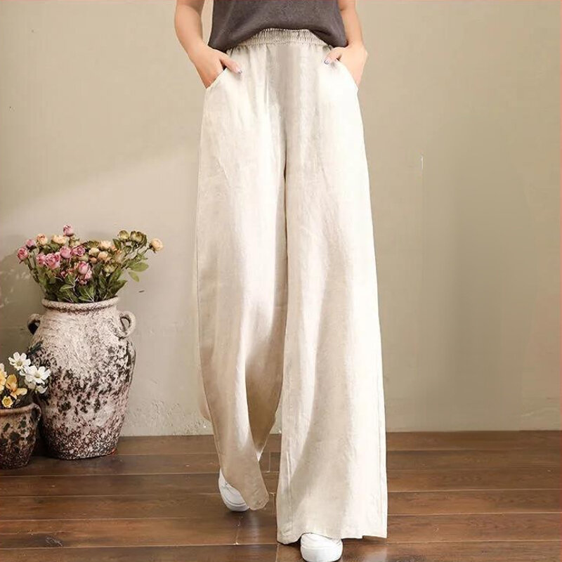 Kobiety Cotton Linen szerokie spodnie nogi 2023 dorywczo luźne w pasie proste spodnie kobiet jednolity luźny dresowe Streetwear