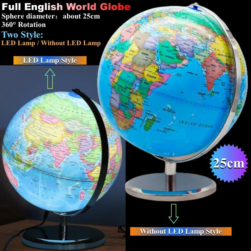 Sphere Diameter 25cm Pure English World Globe HD Printed 360° Student Teaching LED Light Desk Lamp Globe Metal ABS Office Crafts