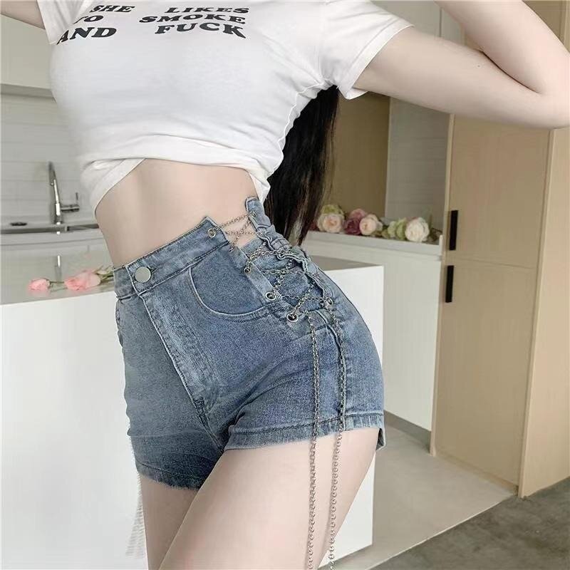 Shorts Women Skinny Chain Designed Solid Simple All-match Summer Cool Girls Korean Style High Waist Personality Trendy Casual