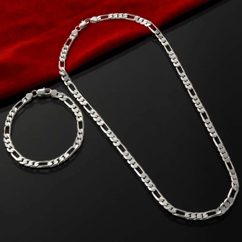Kcrlp edle neue 925 Sterling Silber 4mm Kette für Männer Frauen Armband Halskette Schmuck Set Dame Weihnachten Geschenke Charms Hochzeit