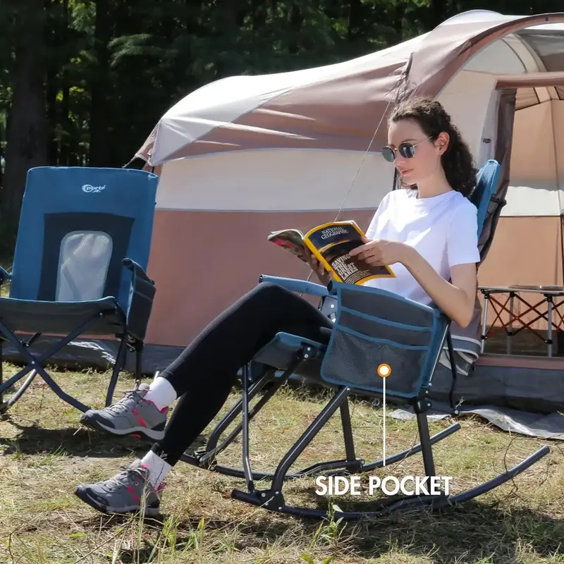 Oversized Folding Rocking Camping Cadeira, Balancim portátil ao ar livre, Costas altas, Braços duros, Carry Bag, Mesh Back