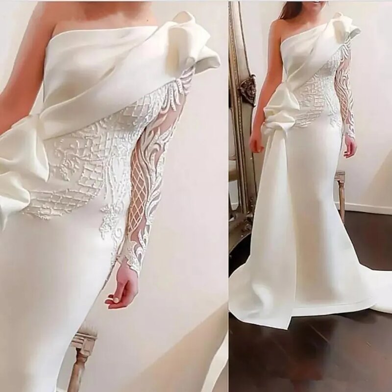 White One Shoulder Mermaid Prom Dresses Long Sleeves Evening Gowns Satin Ruched Ruffles Applique Formal Brides Dress Reception G
