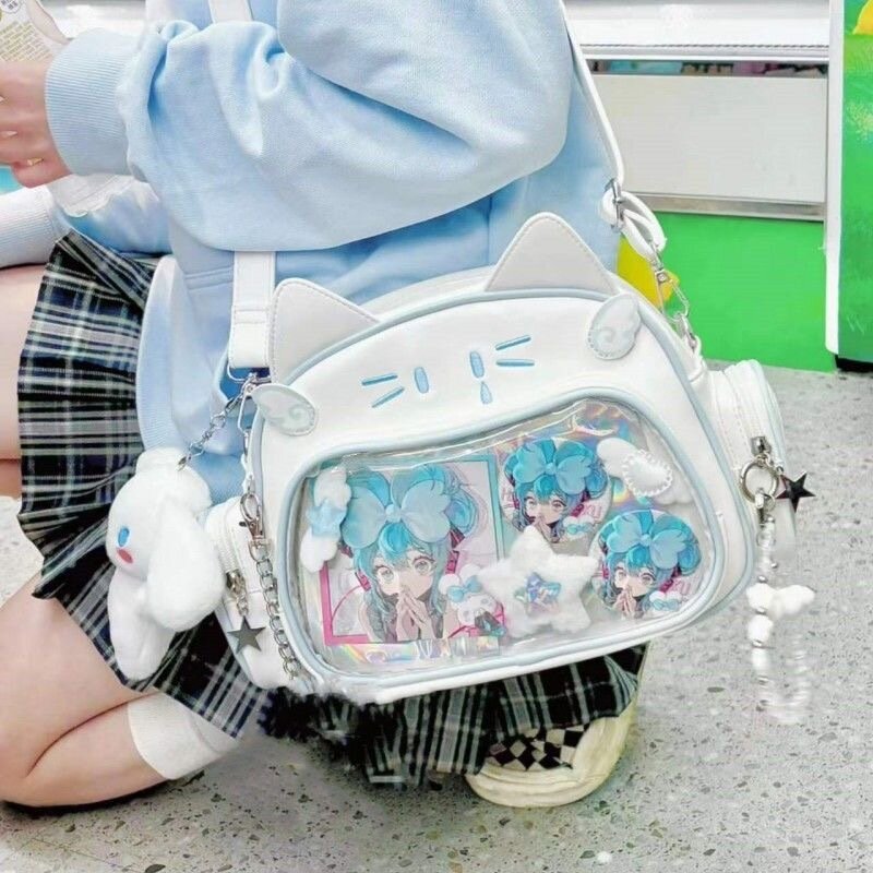 日本の銀の猫のバックパック,10代の女の子のためのランドセル,素敵なトラベルバッグ,女性のためのかわいい透明なポケット,y2k