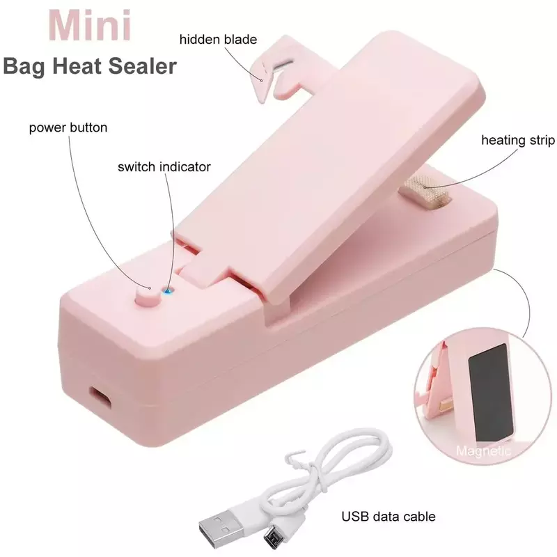 Mini sellador de bolsas magnético 2 en 1 USB, máquina de embalaje portátil recargable para aperitivos, sellador de calor para bolsas de cocina