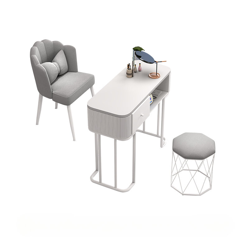 مكتب أظافر زجاجي من Kawaii مع درج ، مكتب جمالي أبيض ، طاولة أظافر شمالية ، كرسي فني ، طلاء الأظافر ، تصميم