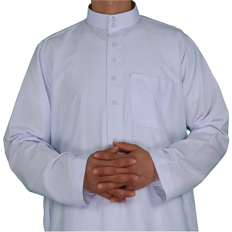 Roupas masculinas muçulmanas Abaya Colarinho Branco Islâmico Manto dos homens em pé para árabe, Oriente Médio, europeu e americano