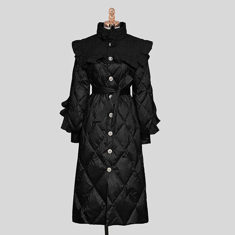 여성용 중간 길이 화이트 덕 다운 재킷, 두꺼운 무릎 길이 빵 재킷, 블랙 허리띠, 겨울 신상