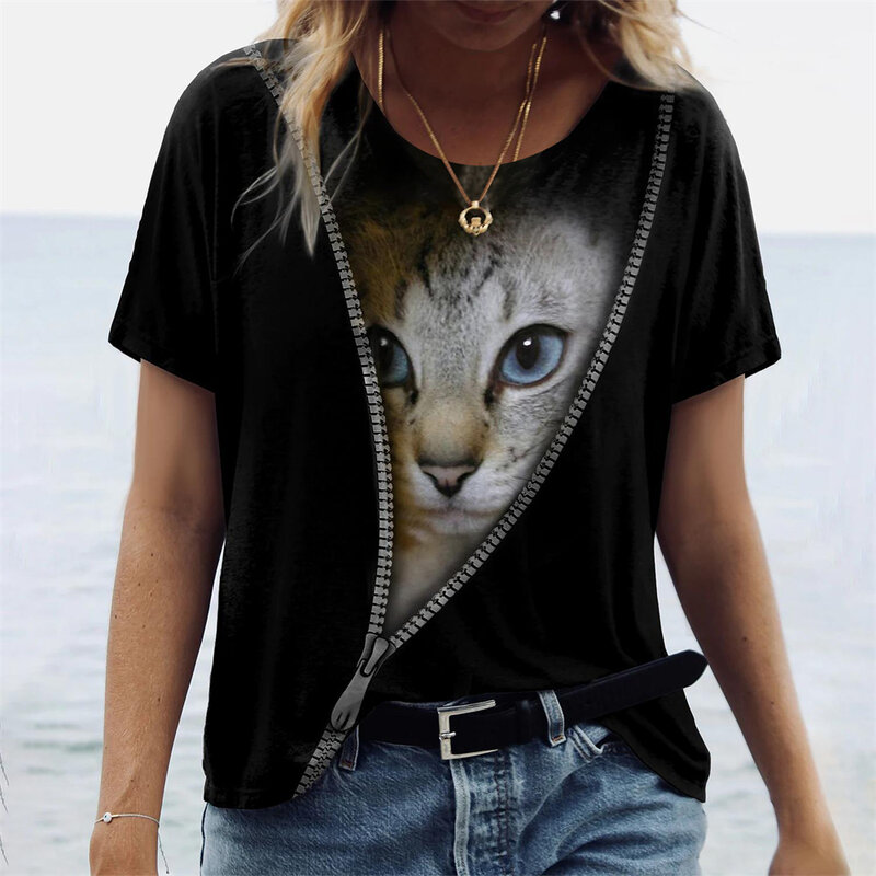 T-Shirt manches courtes femme, estival et à la mode, impression 3D, chat mignon, Harajuku, Animal, respirant, 2023