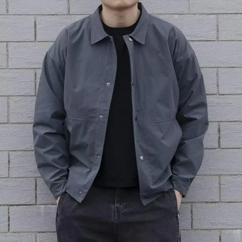 Стильная мужская куртка износостойкая однотонная в Корейском стиле Непринужденная облегающая верхняя одежда на пуговицах куртка ветрозащитная