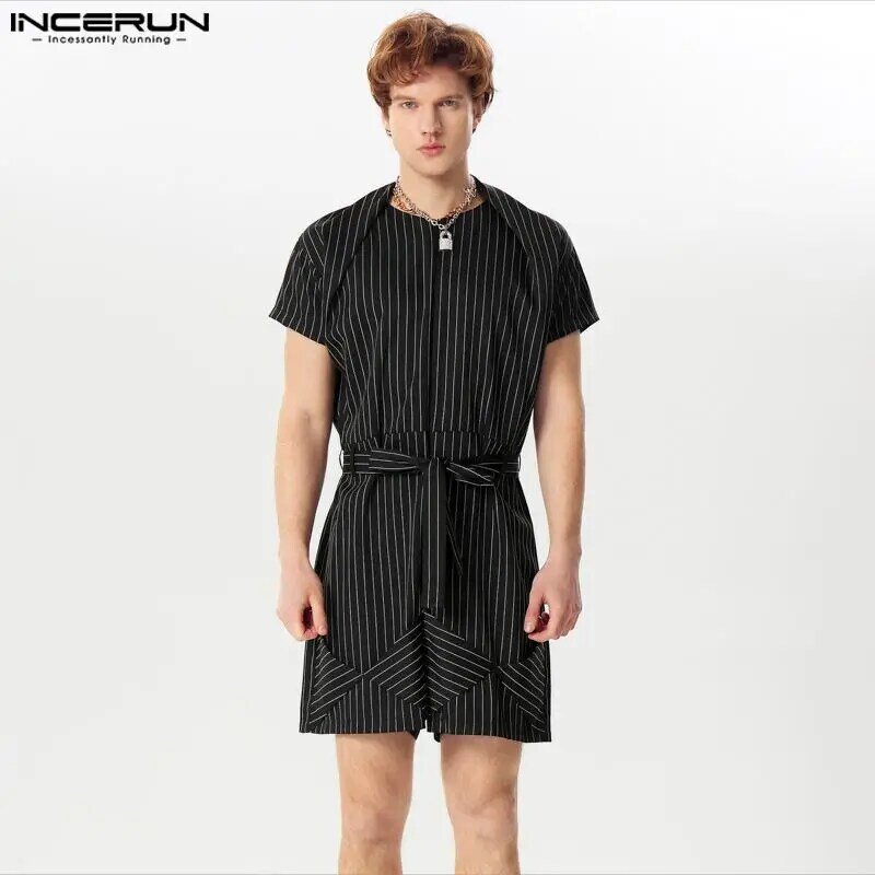 INCERUN 2024 w stylu amerykańskim nowe męskie kombinezony modne wzór w paski spodenki z krótkim rękawem casualowe w stylu Streetwear kombinezony szorty S-5XL