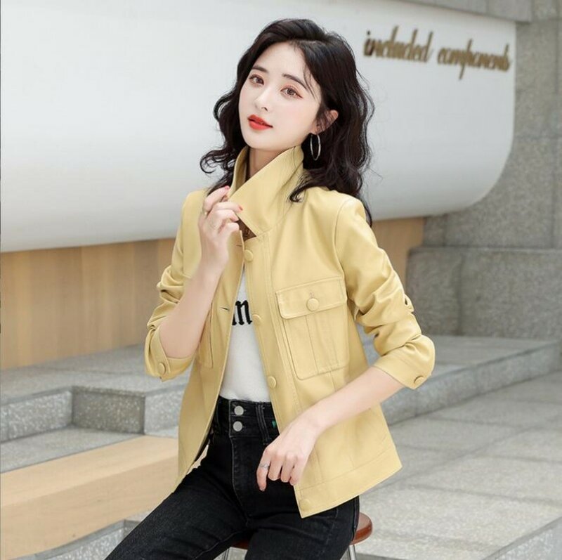 2023 Women Genuine Leather Outwear Single Breasted Outfit Autumn Winter Wome Fashion Short Thin Female Sheep Leather Jacket