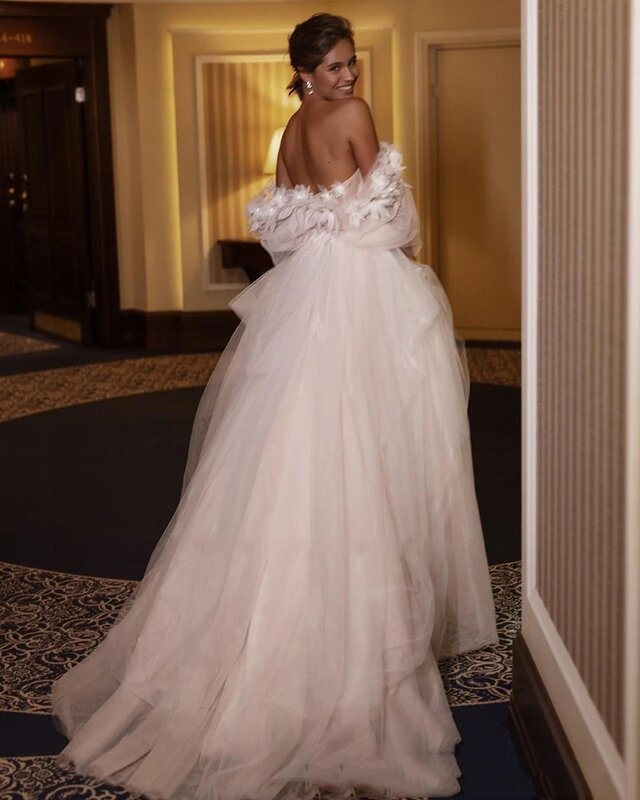 Przepiękne suknie ślubne o linii 2024 kwiatowe krótkie bufiaste rękawy szaty na formalne suknie tiulowe Vestidos De Novia