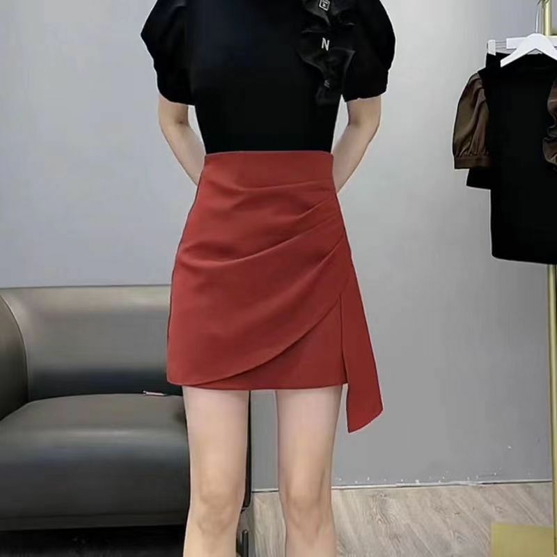 Summer New Korean Fashion Short Skirts Women Solid Patchwork Zipper A-line Irregular Folds High Waist Slim Wrap Hip Skirt 2024