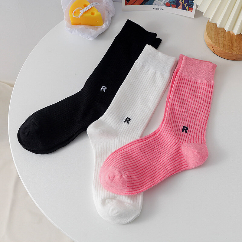 Длинные милые носки, женские вязаные хлопковые носки с надписью R, милые красивые дизайнерские женские носки, высокие теплые носки, женские носки