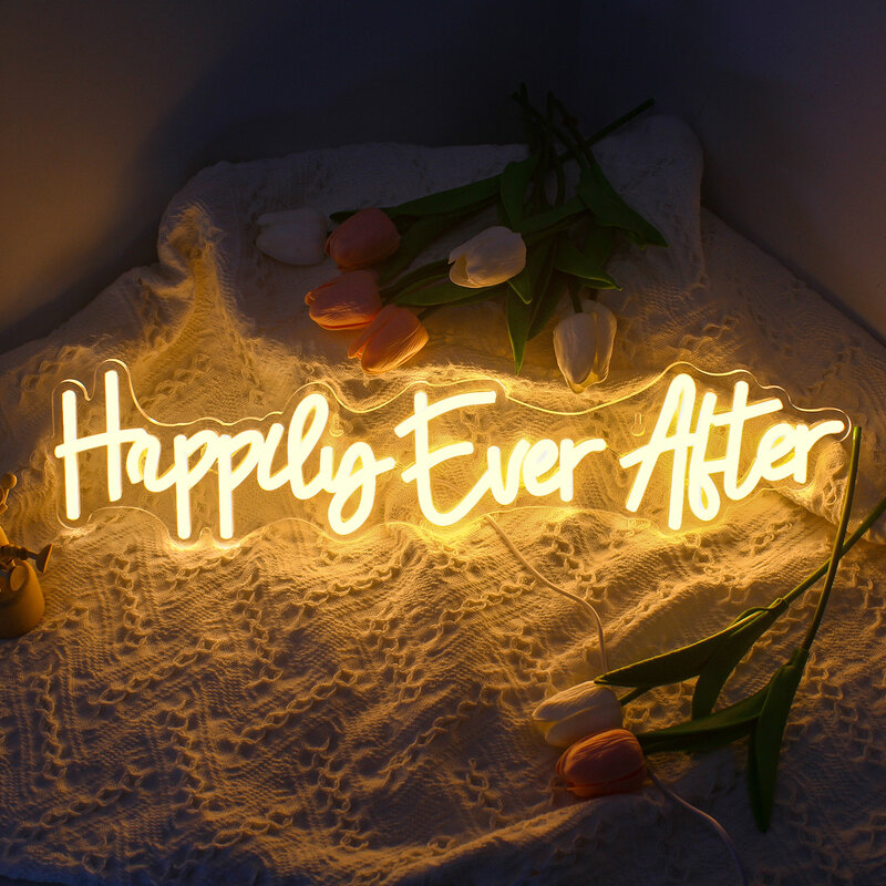 Happy Ever lampu LED tanda Neon, hiasan dinding ruang huruf putih hangat untuk pesta pernikahan, Bar, kamar tidur, Hadiah Dekorasi
