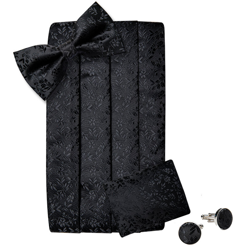 Faja clásica negra para hombre, faja de seda Floral, pajarita, broche, conjunto de alfiler, esmoquin ancho elástico, cinturón de vestir