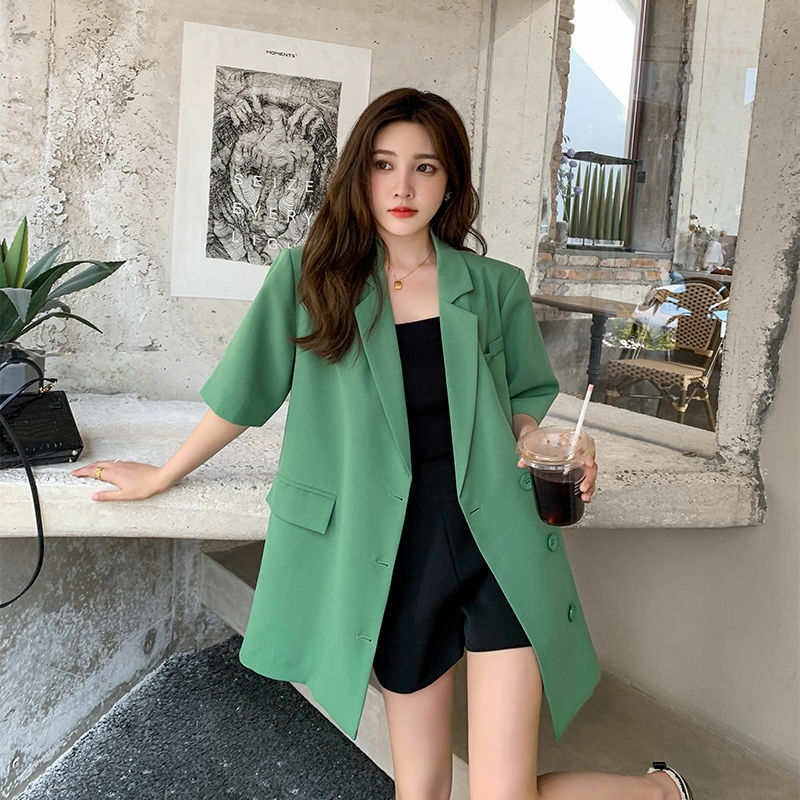 Traje de manga corta para mujer, chaqueta informal de verano, abrigo de gran tamaño, azul y verde, ropa de oficina