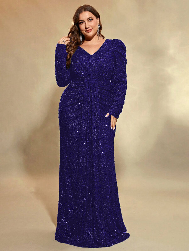 Женское длинное платье с блестками, разноцветное блестящее вечернее платье большого размера с V-образным вырезом и длинными рукавами, 4XL, 5XL