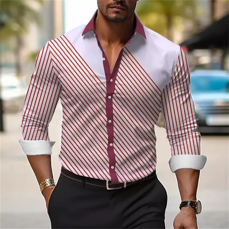 2024 men's shirts fashion striped plaid stitching soft and comfortable material casual outdoor street men's tops plus size