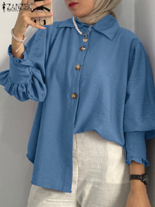 Overs ize Frauen Herbst elegante Revers Hals Langarm muslimische Bluse Zanzea Mode Shirt lässig feste Tops weibliche Blusas