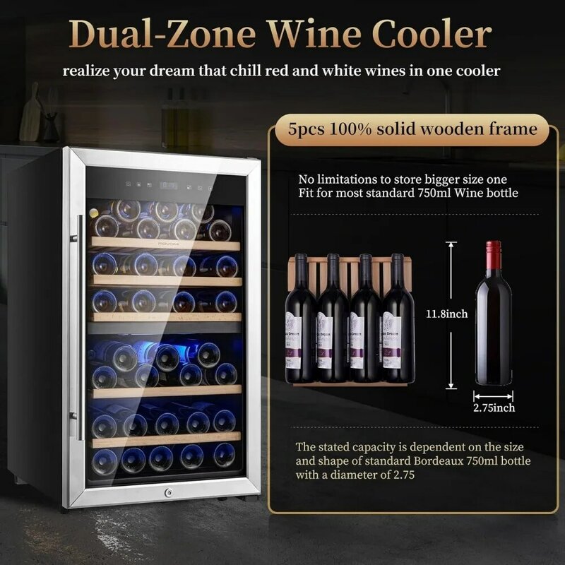 와인 쿨러 냉장고, 독립형 듀얼 존 와인 냉장고, 업그레이드 컴프레서, 와인 셀러, 52 병 (보르도 750ml)
