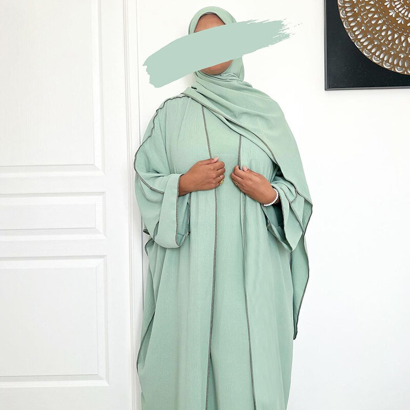 Abaya Set com Hijab para mulheres muçulmanas, roupas islâmicas com cinto livre, Jazz Crepe Kimono, mangas sob o vestido, EID Ramadan, 3 PCs