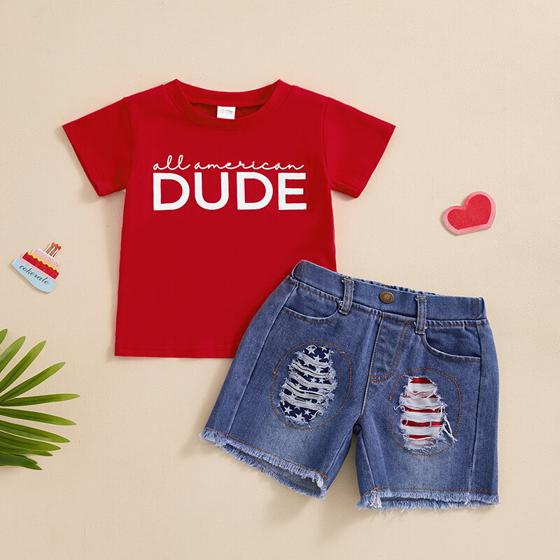 Suefunskry Kids Boys 4th of July Outfits Letter Print Short Sleeves T-Shirt and Elastic Waist Ripped Denim Shorts 2Pcs Set