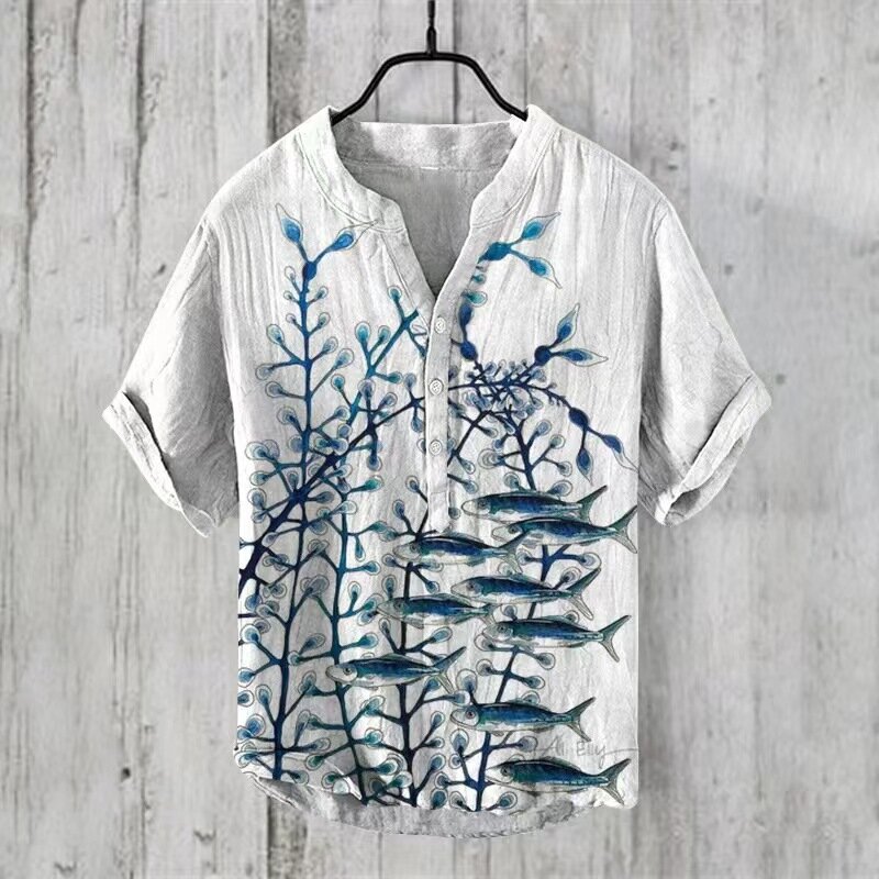 YIKI 하와이안 스타일 여름 해변 캐주얼 남성 반팔 V넥 풀오버 셔츠, 3D 디지털 프린팅, 예술적인 풍경 그림