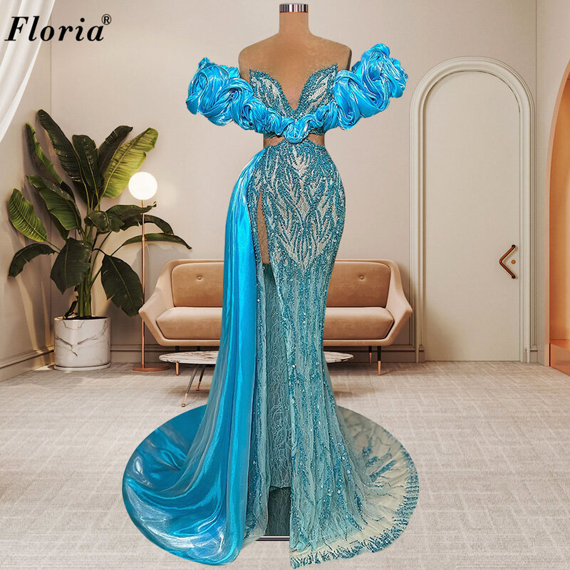 Niebieskie sukienki z koralikami 2024 ukochana syrenka suknie balowe z rozcięcia po bokach suknie wieczorowe Vestidos De Noche