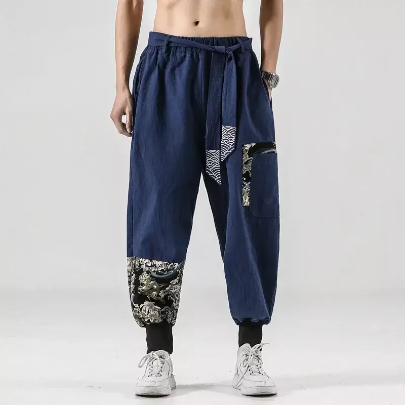 Fantasia japonesa de algodão para homens, vestido samurai de linho, estampada, cinto, retrô, calças, harajuku hip-hop,