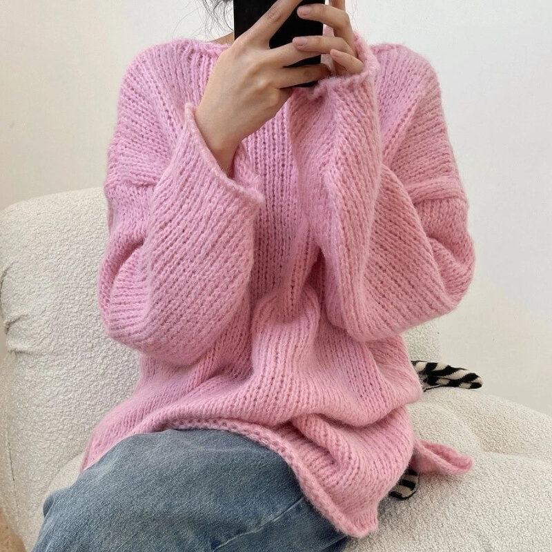 Suéter holgado con abertura lateral para mujer, ropa de calle lisa, estilo Harajuku que combina con todo, estilo perezoso maduro, otoño