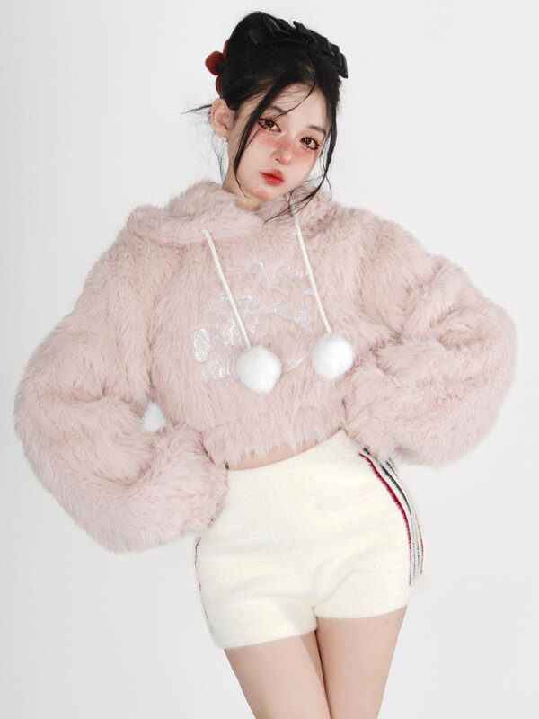 Deeptown-Kawaii rosa feminino recortado hoodies, moletom bordado de gato doce, pulôver chique bonito dos desenhos animados, tops coreanos, Y2K, Harajuku