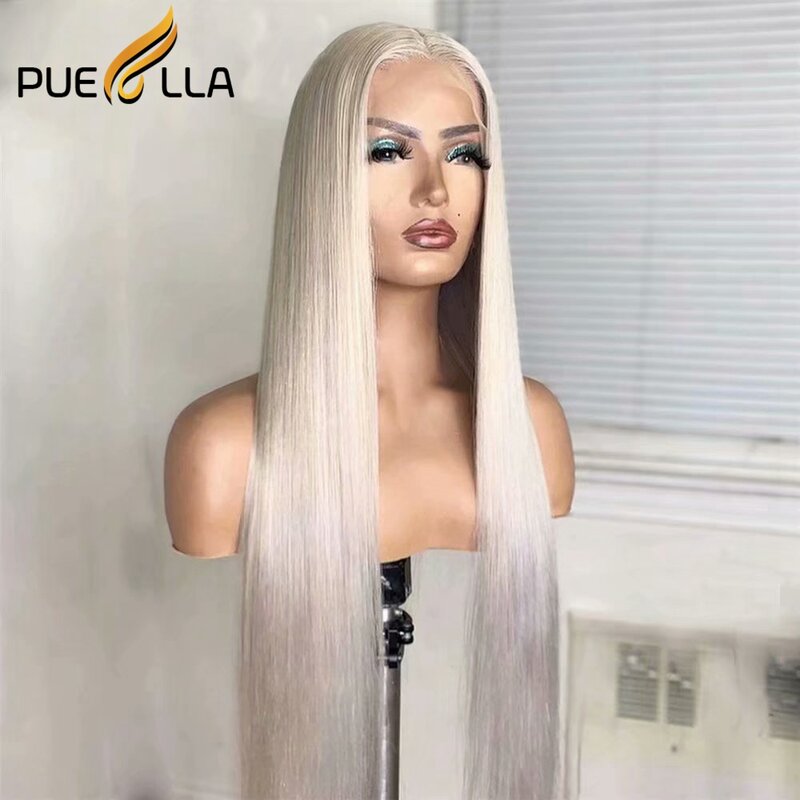 Perruque Lace Front Wig Naturelle Remy, Cheveux Lisses, Couleur Blond Platine, Dentelle HD Transparente, Pre-Plucked, T-part Blanche, 13 Tages