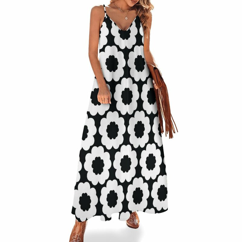레트로 블랙 앤 화이트 플라워 파워 심리스 패턴 프린트 민소매 드레스, 여성 비치웨어 드레스