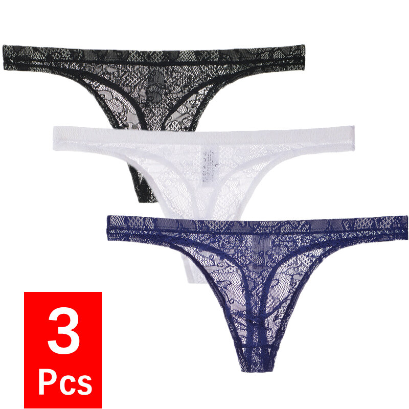 3Pcs/lot Mens Lace G-string And Thong Sexy Underwear See Through Tanga Bikini String Transparent Male Underpants T-back Panties