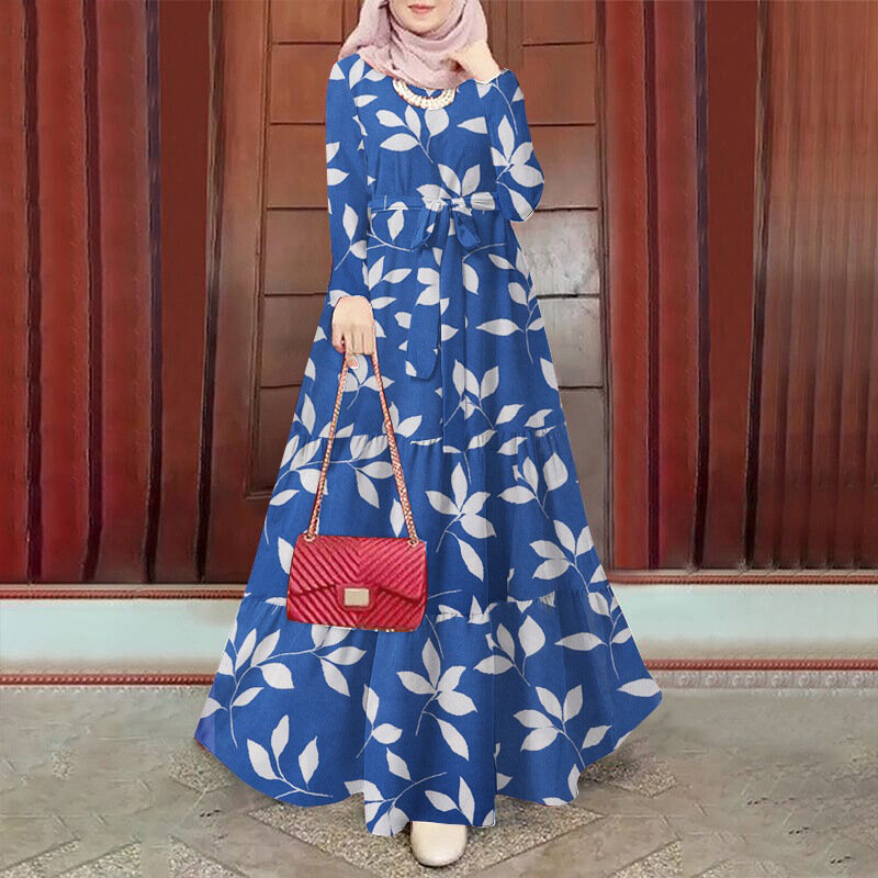 Vestido maxi de manga comprida com estampa floral feminina, abaya muçulmana, kaftan, camisa longa, túnica casual retrô, Y2K INS