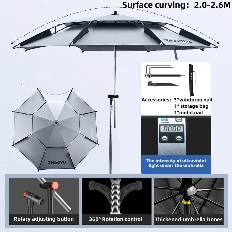 Guarda-chuva de pesca ao ar livre atualizado, ajustável grande, dupla camada espessa, dobrável guarda-sol de praia, 2.0 m, 2.2 m, 2.4 m, 2.6m