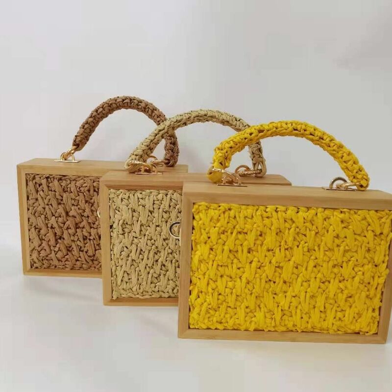 Fashion Bamboo Tassel Straw Woven Bag Crossbody Single Shoulder Handag Rattan Rope Square Chain Strap Box 2024 Summer Beach Tote