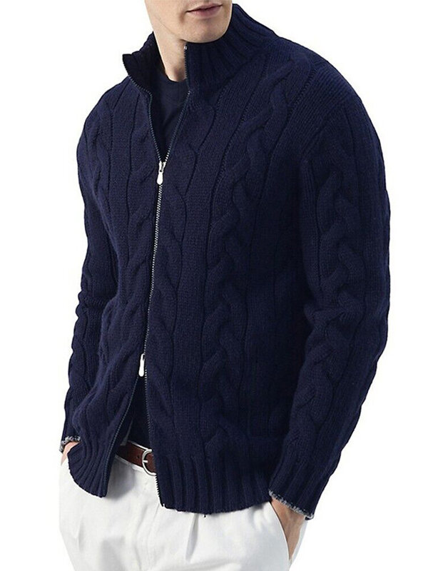 Мужской вязаный свитер на молнии, пальто с длинным рукавом и воротником-стойкой, вязаный кардиган, облегающий свитер, трикотажная одежда на осень и зиму