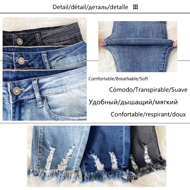 Pantalones pitillo rasgados para mujer, Vaqueros azules elásticos de cintura alta, ropa de calle Vintage, moda informal, novedad de 2023