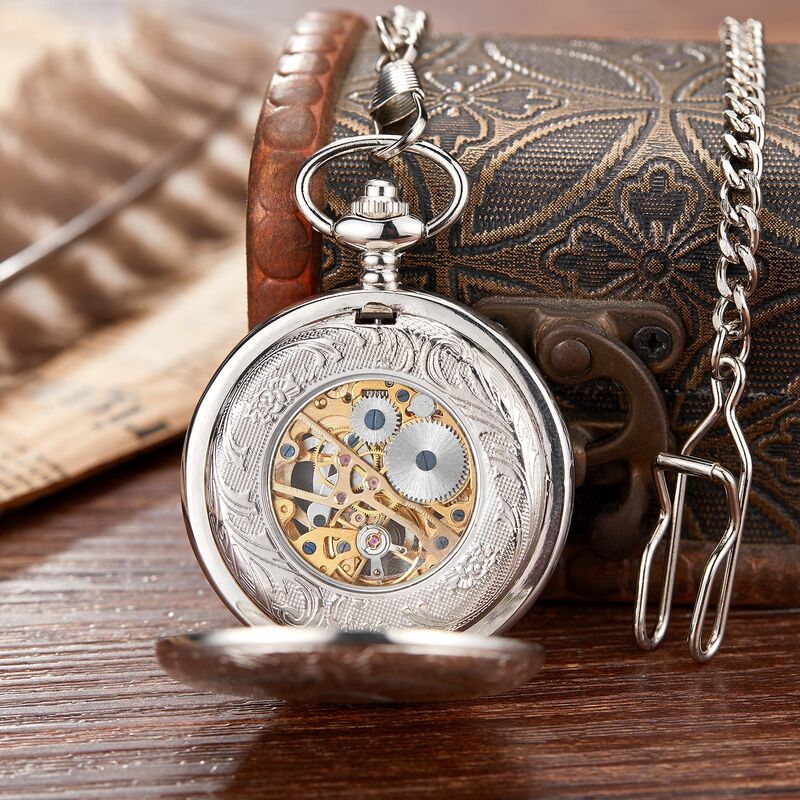 Reloj de bolsillo de plata negra único, reloj mecánico de cuerda manual, caja lisa, números romanos, esfera Retro, cadena de reloj colgante