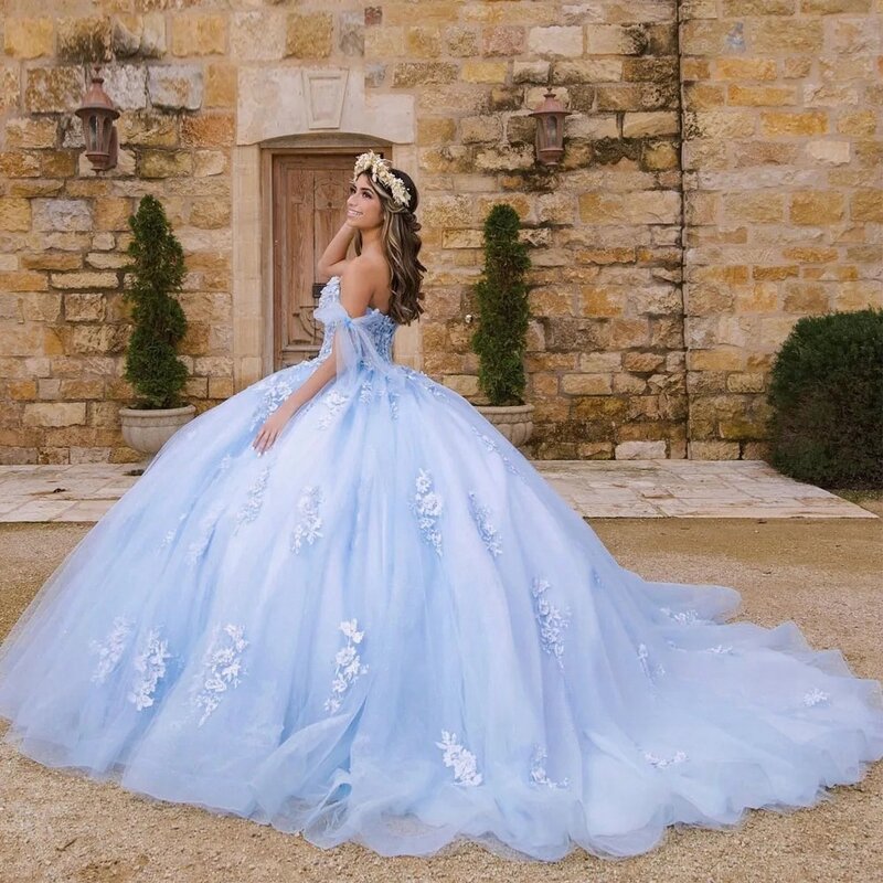 Gaun Sky Blue Princess Quinceanera gaun pesta tanpa bahu applique manis 16 Gaun 15 AFO Meksiko