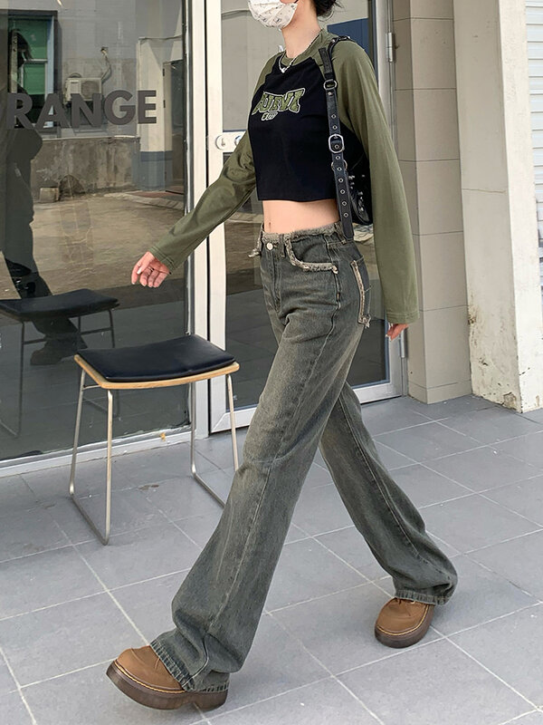 Calças de brim de cintura alta para as mulheres do vintage em linha reta baggy denim calças streetwear estilo americano moda perna larga denim